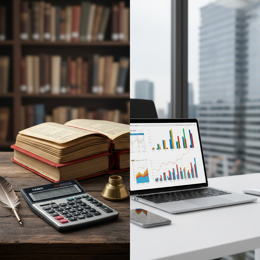 Editorial photography, a split-screen image. Left side: a traditional Indian ledger (bahi khata) and a calculator on a w