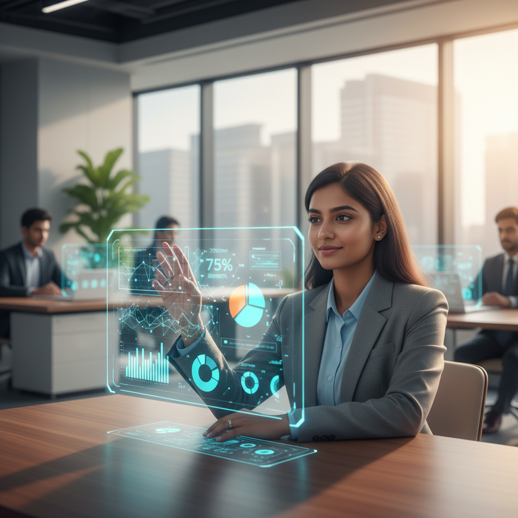 Editorial photograph of a young Indian commerce student at a desk, looking thoughtfully at a holographic overlay of data