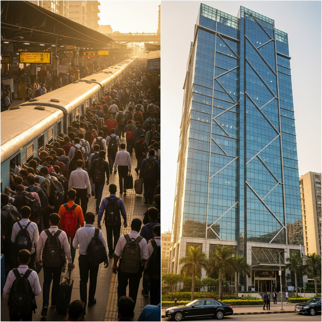 Split-screen editorial photo. Left: a bustling, crowded train platform at Andheri station, with students visible. Right: