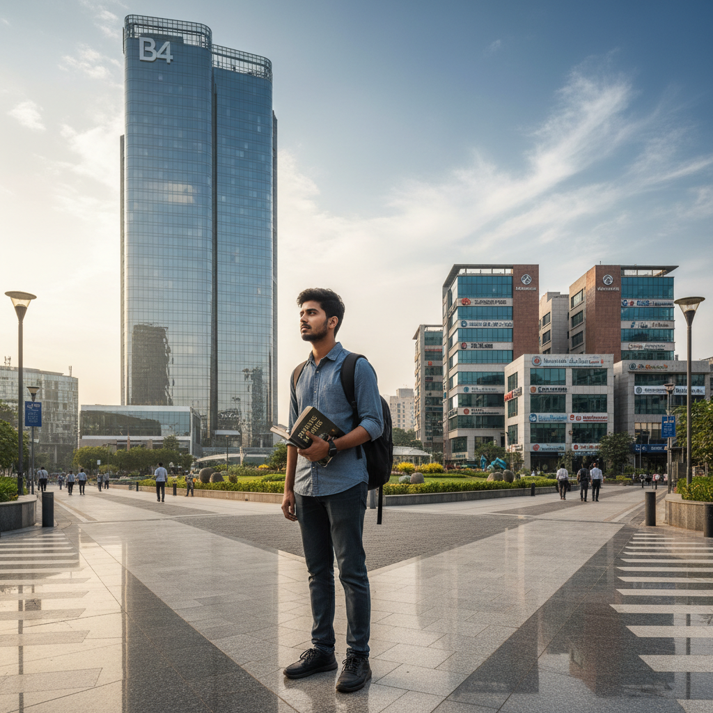 Editorial photograph of a young Indian student standing at a crossroad in a modern business district like BKC, Mumbai. O