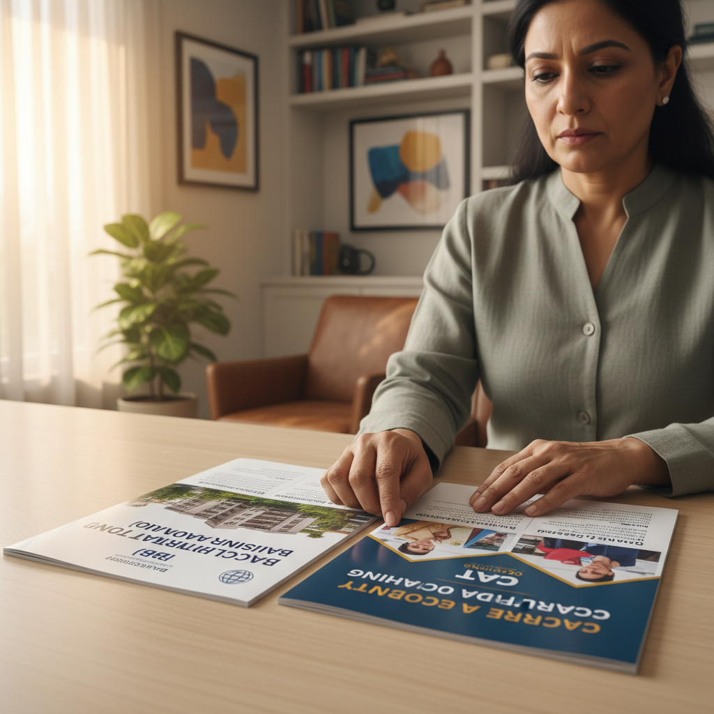 Editorial photograph of a concerned but thoughtful parent of Indian ethnicity, sitting at a clean wooden desk reviewing 