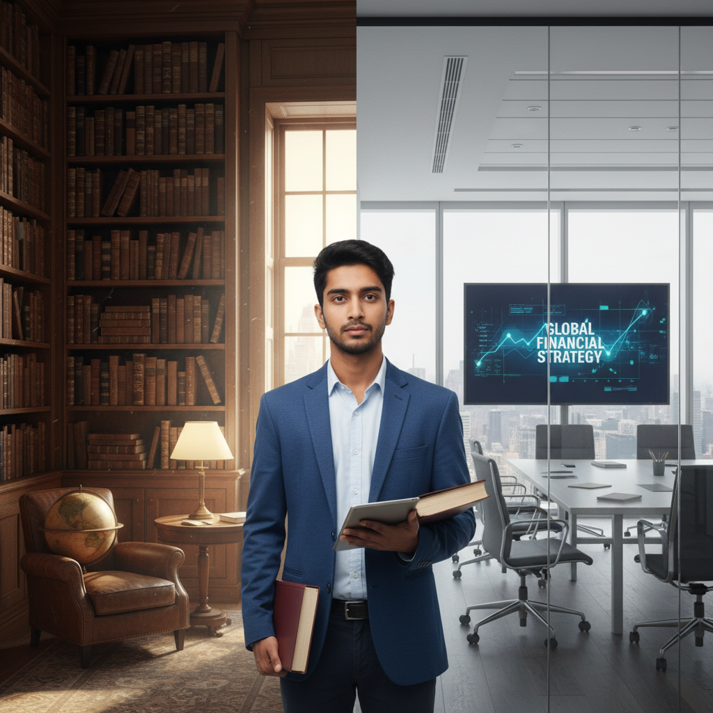Editorial photograph of a split-screen image. On the left, a traditional, wood-panelled library with stacks of accountin