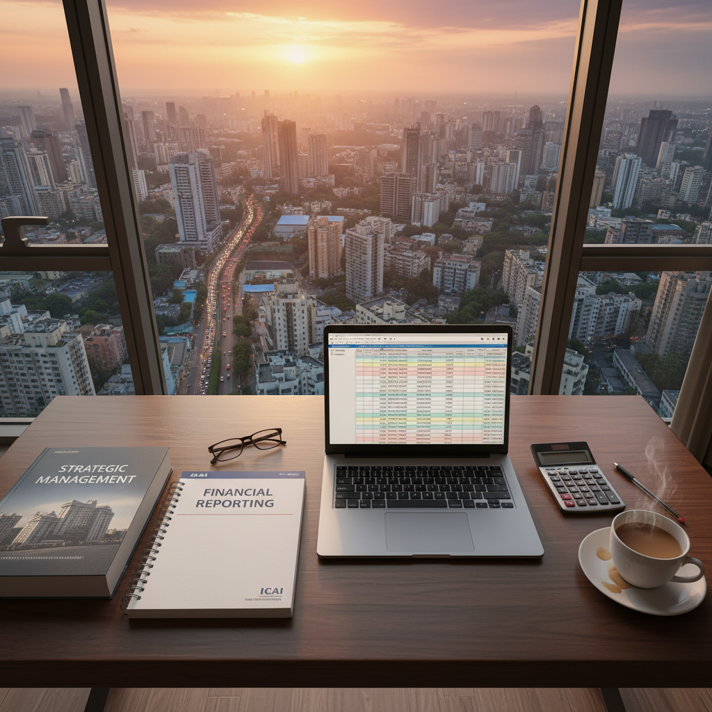 Overhead shot of a student's desk in a modern Mumbai apartment. On the desk: a BBA textbook on 'Strategic Management', a