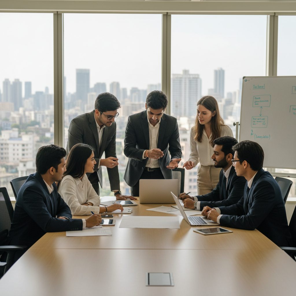 Editorial photograph of a diverse group of undergraduate students in business attire, collaborating in a modern, sunlit 