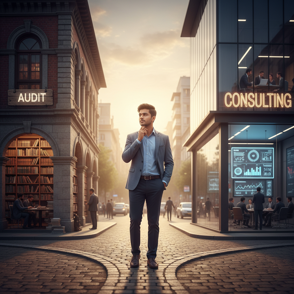 Editorial photography of a young, ambitious Indian commerce student standing at a crossroads in Mumbai. One path leads t