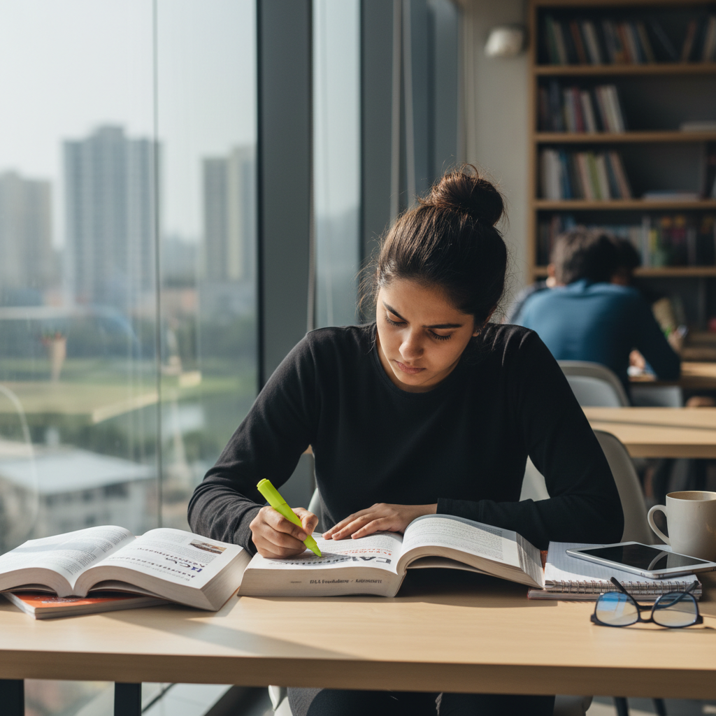 Editorial photography: A determined commerce undergraduate student sits at a modern wooden desk in a well-lit room. On t