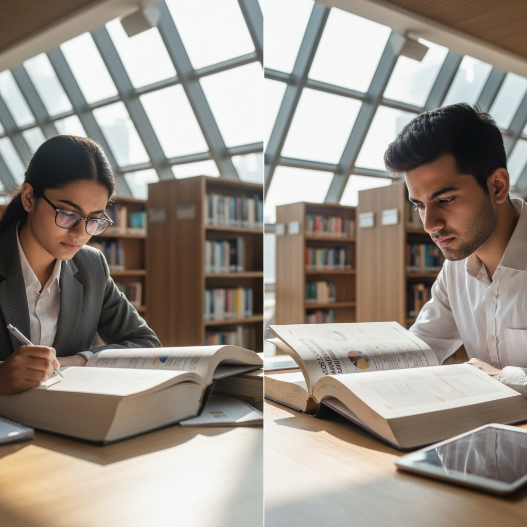 Editorial photography of two young, focused commerce students in a modern Mumbai library, one looking at a textbook on a