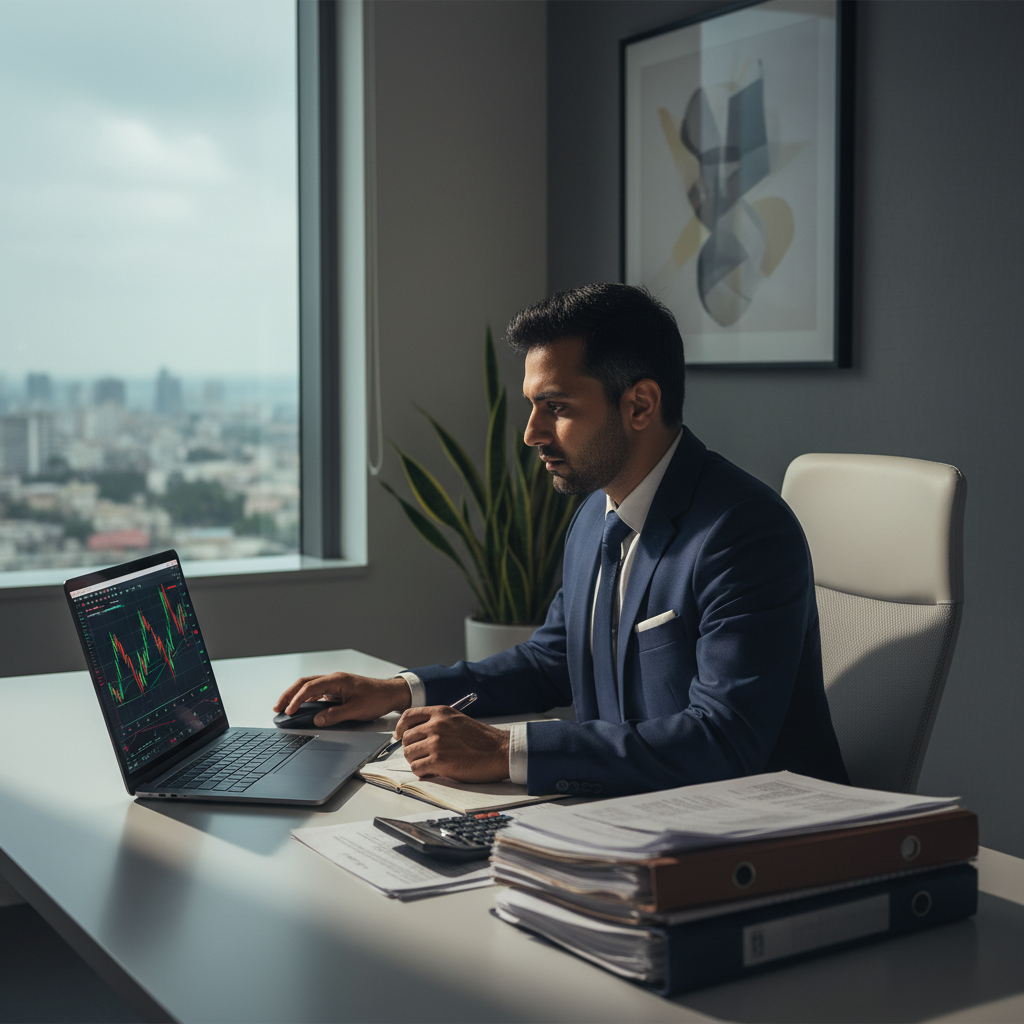 Editorial photography of a focused professional sitting at a modern desk in a Mumbai office. The desk has a laptop displ