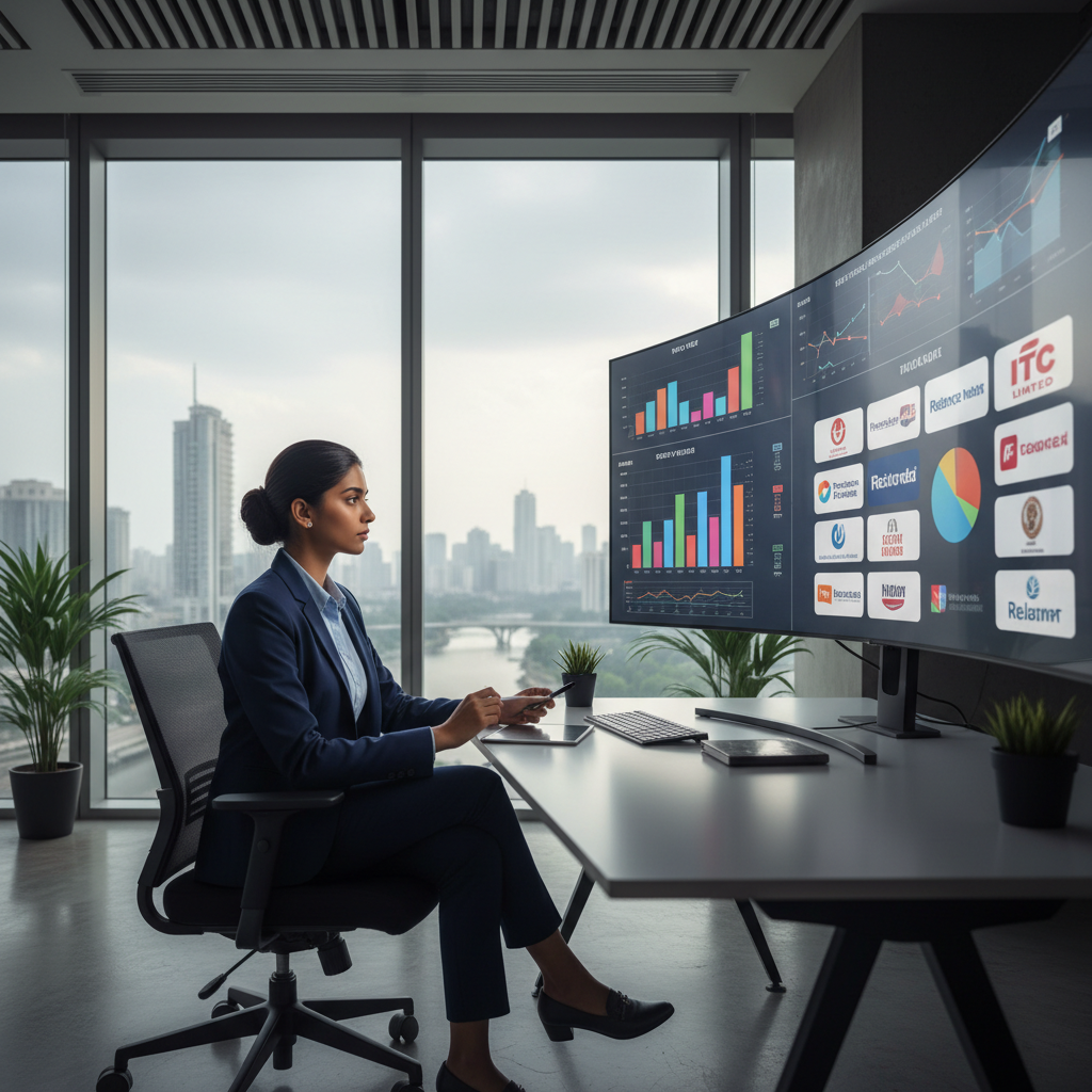 Editorial photograph of a young, smart Indian commerce graduate in a modern Mumbai office, analysing charts on a large s