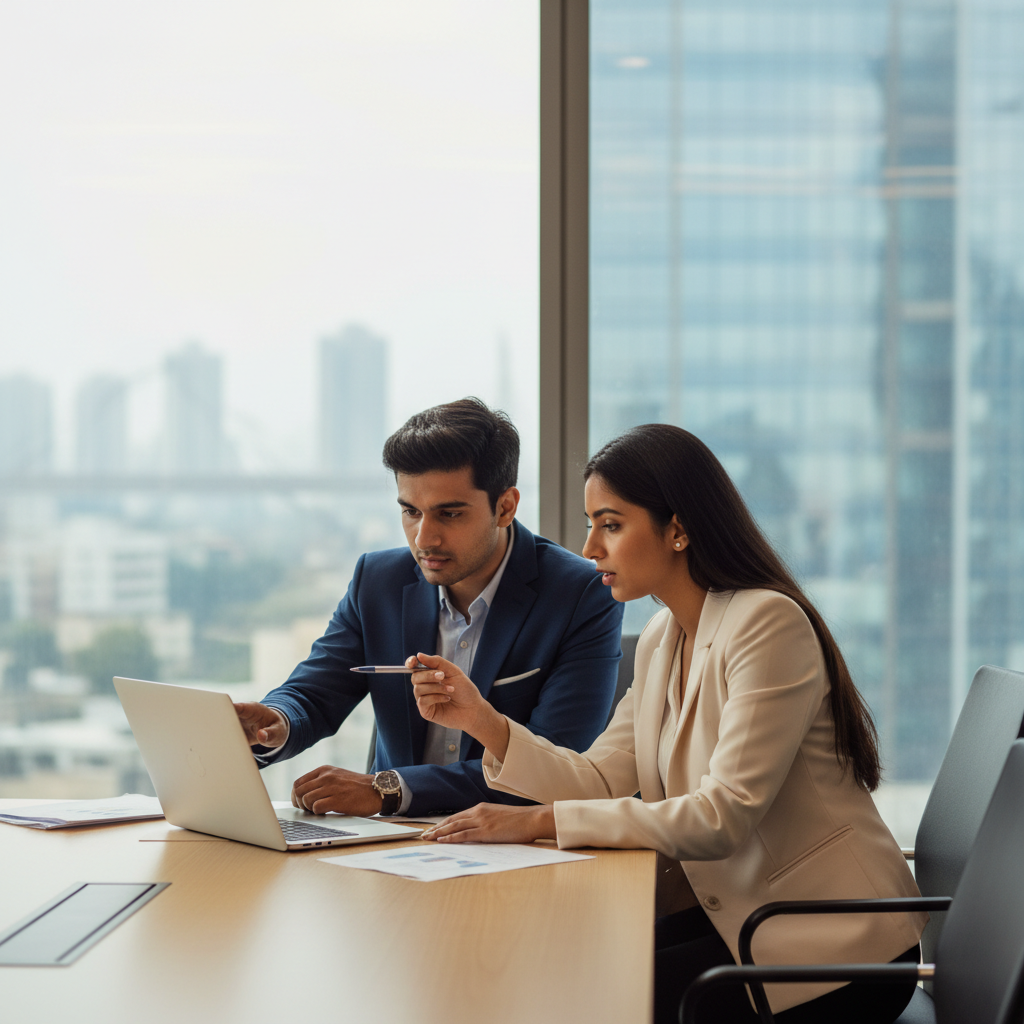 Editorial photograph of a young, professional Indian man and woman (20s) collaborating over a laptop in a modern, bright