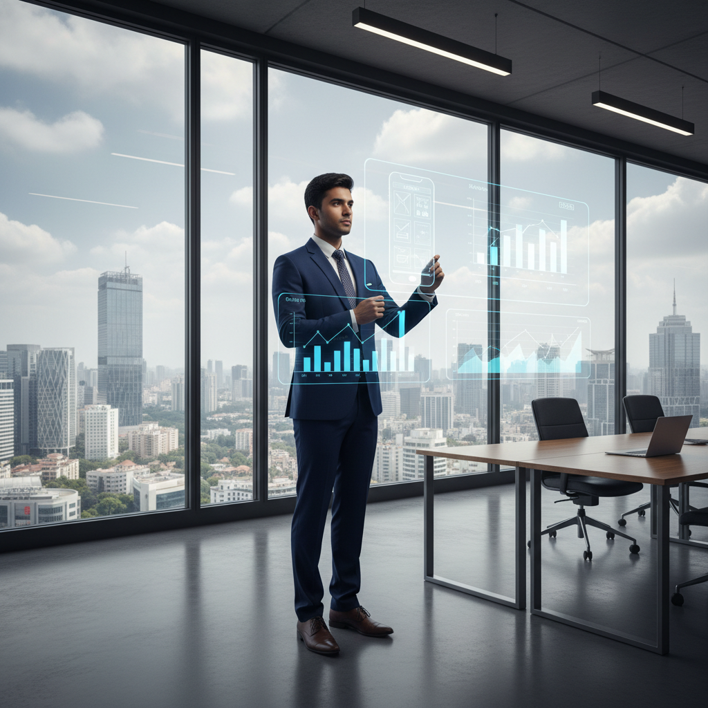 Editorial photograph of a young Indian professional, sharply dressed, standing in a modern Mumbai office with glass wall