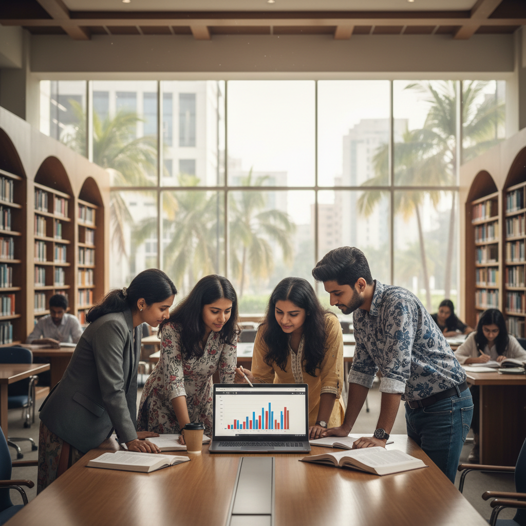 Editorial photograph of a diverse group of four young Indian university students in smart-casual attire, collaborating a
