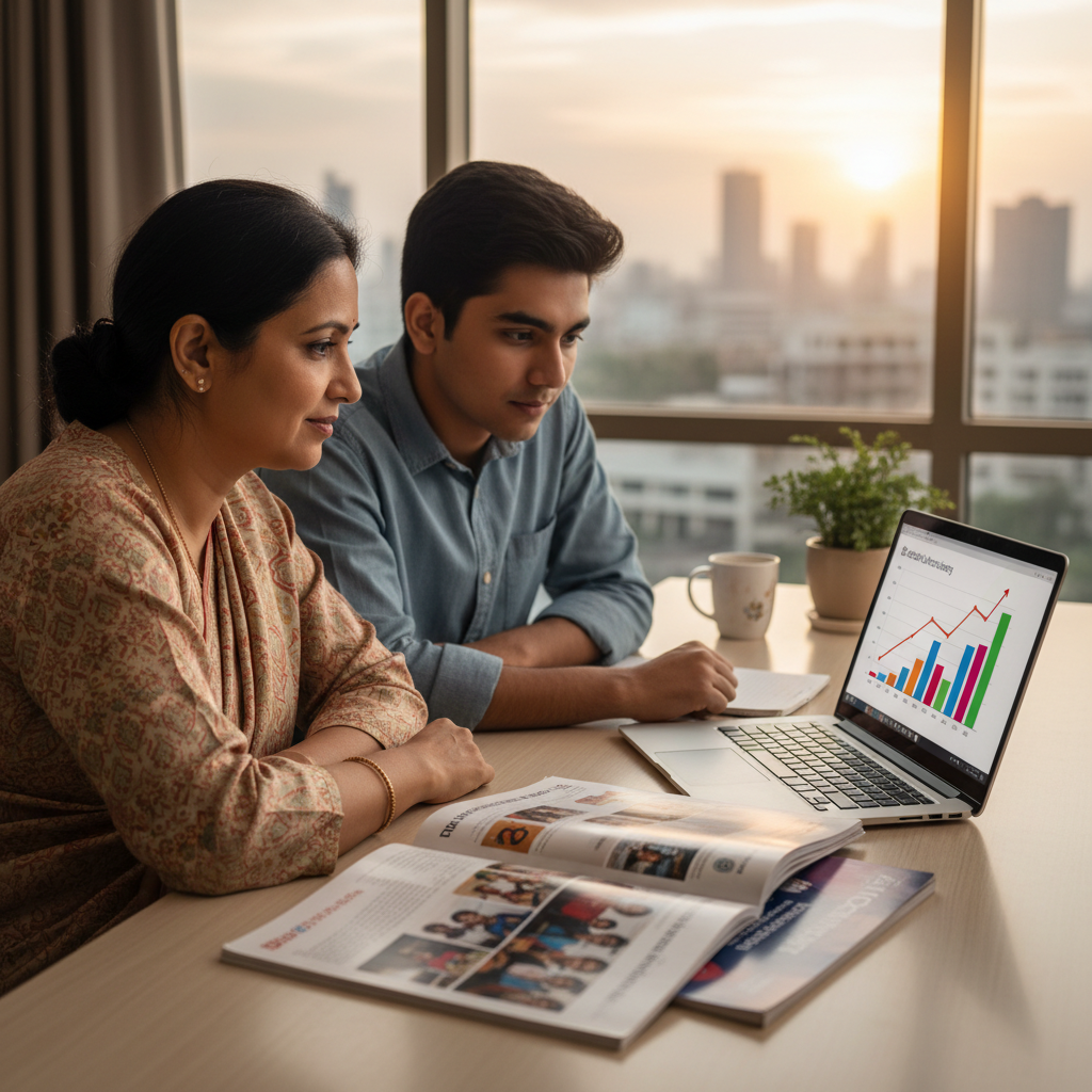 Editorial photograph of a concerned but hopeful parent of Indian origin sitting with a young university student at a cle