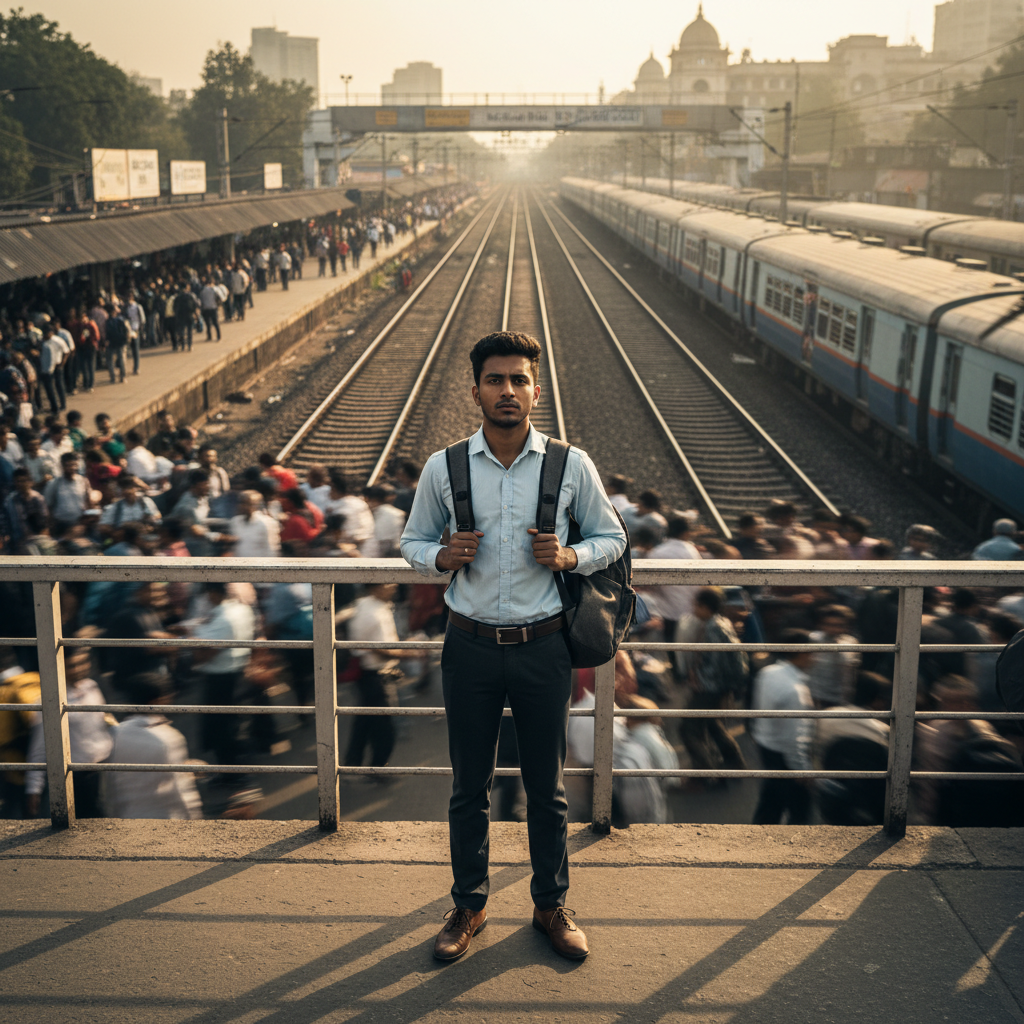 Editorial photograph of a young Indian student standing on a crowded Dadar railway station foot-over bridge, looking foc