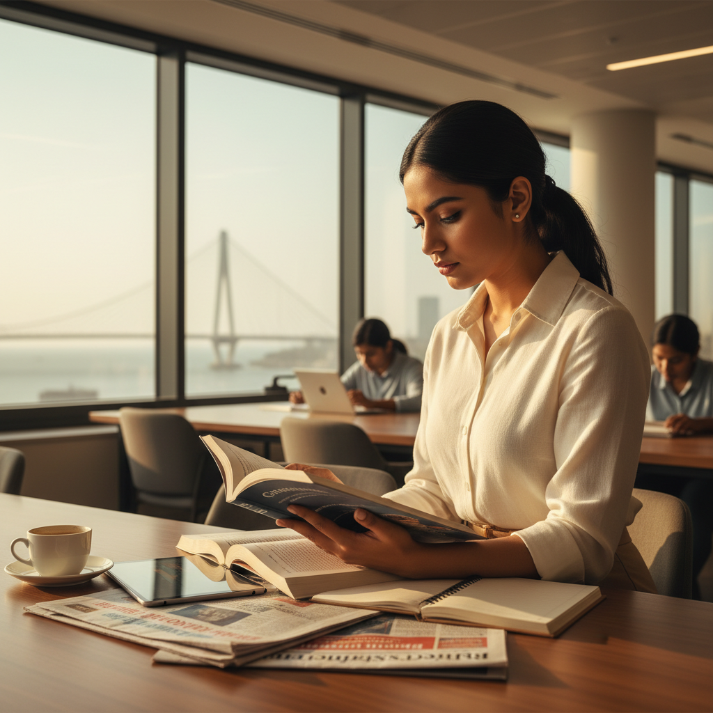 Editorial photograph of a young, determined Indian student studying in a modern, sunlit library in Mumbai. Financial new
