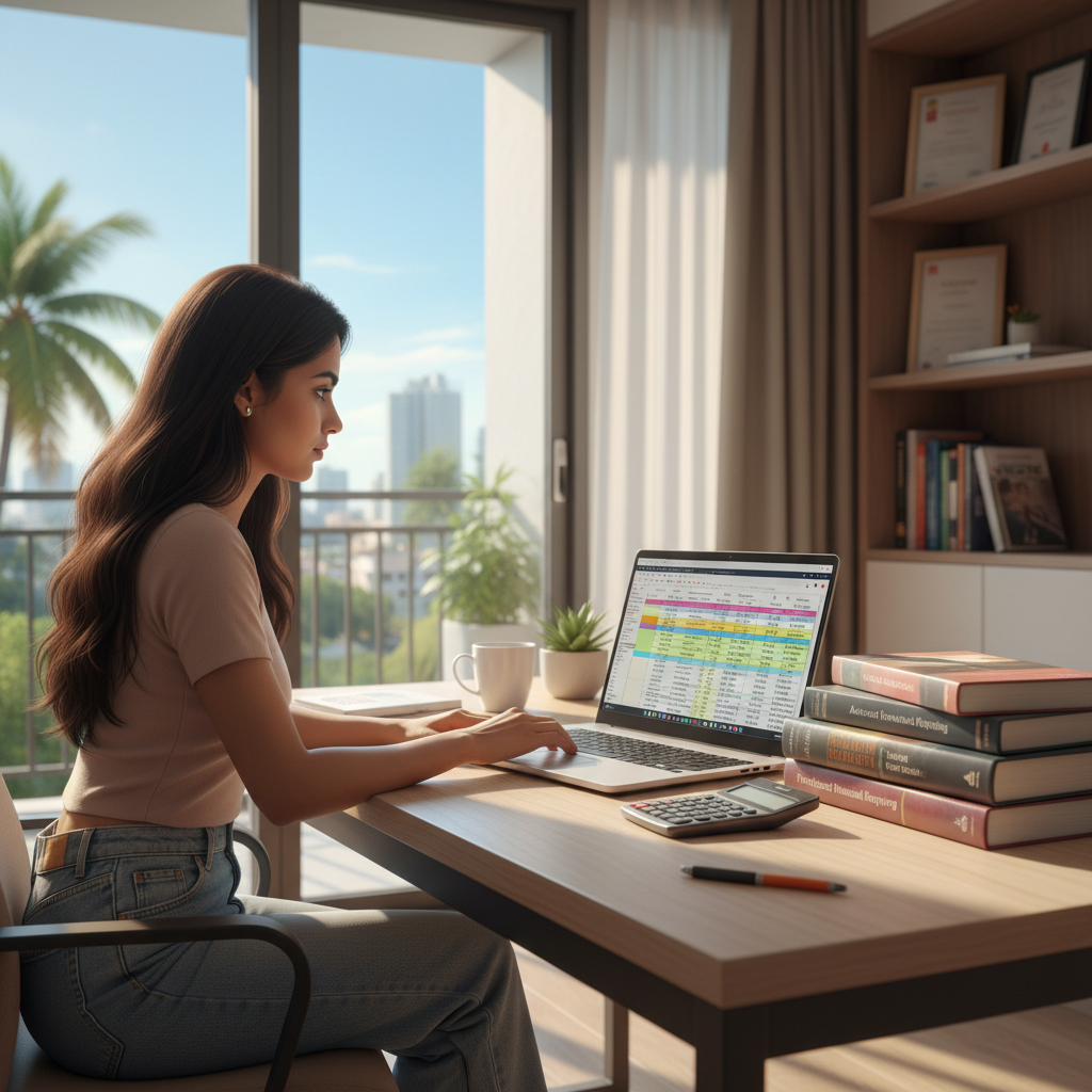 An Indian student in their early 20s, sitting at a modern desk in a well-lit room in Mumbai. They are focused on a lapto
