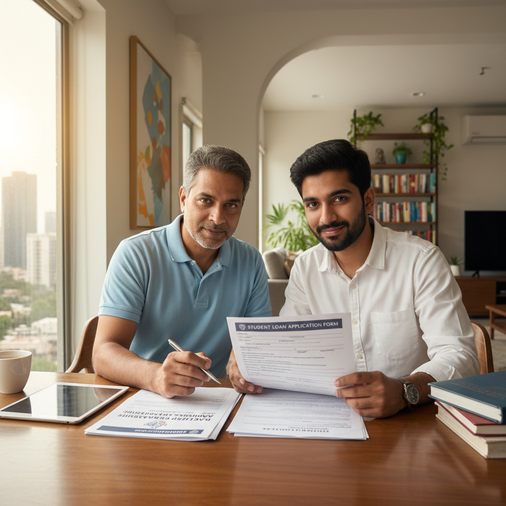 An Indian father and his college-aged son sitting at a dining table in a modern Mumbai apartment, reviewing a brochure f