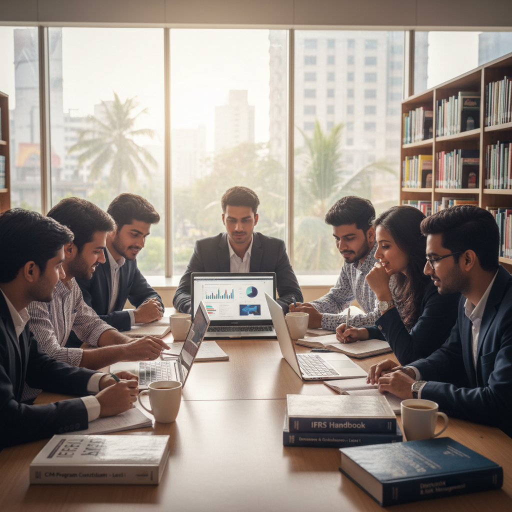 Editorial photography of a diverse group of young Indian commerce students in a modern, bright library in Mumbai. They a