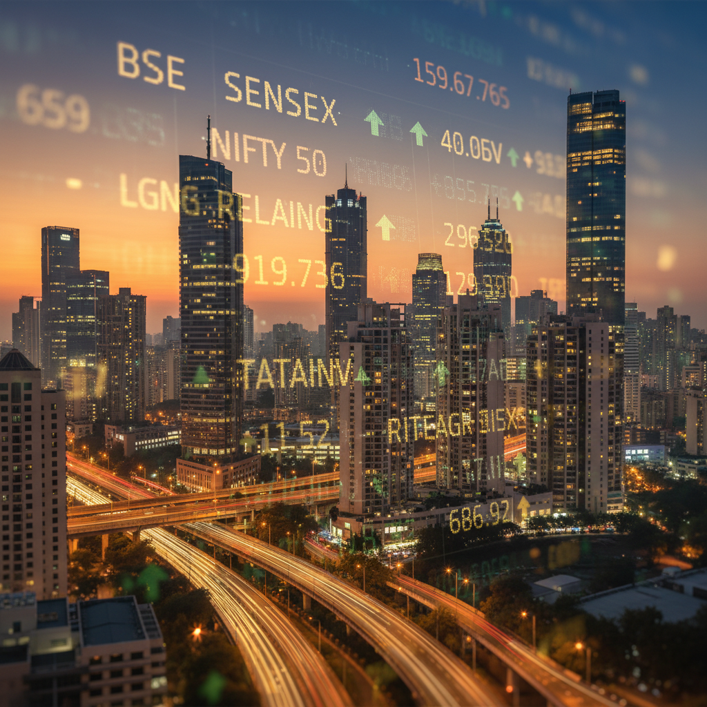 Editorial photograph of the Bandra-Kurla Complex (BKC) skyline in Mumbai at dusk, with modern glass buildings reflecting