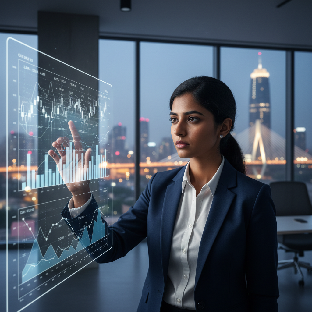 Editorial photograph of a focused young Indian professional, male or female, in a modern office in Mumbai, examining a c