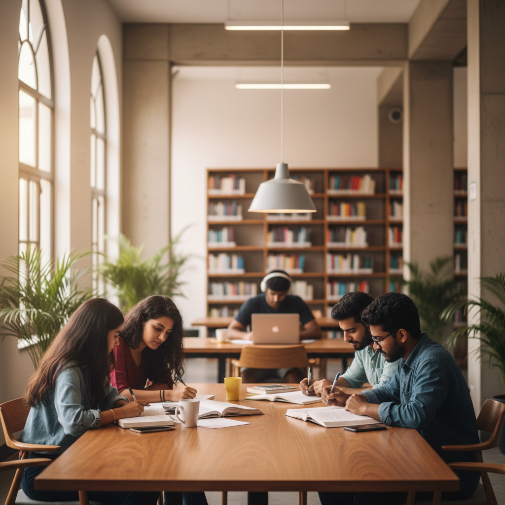 Editorial photograph of a diverse group of four young Indian students studying intently around a table in a modern, well