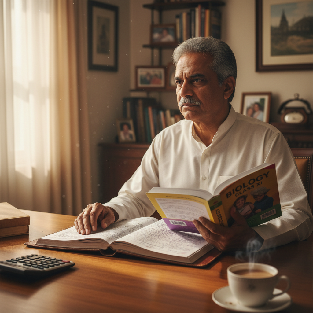 Editorial photography of a middle-aged Indian parent, looking thoughtful while reviewing a financial ledger and a studen