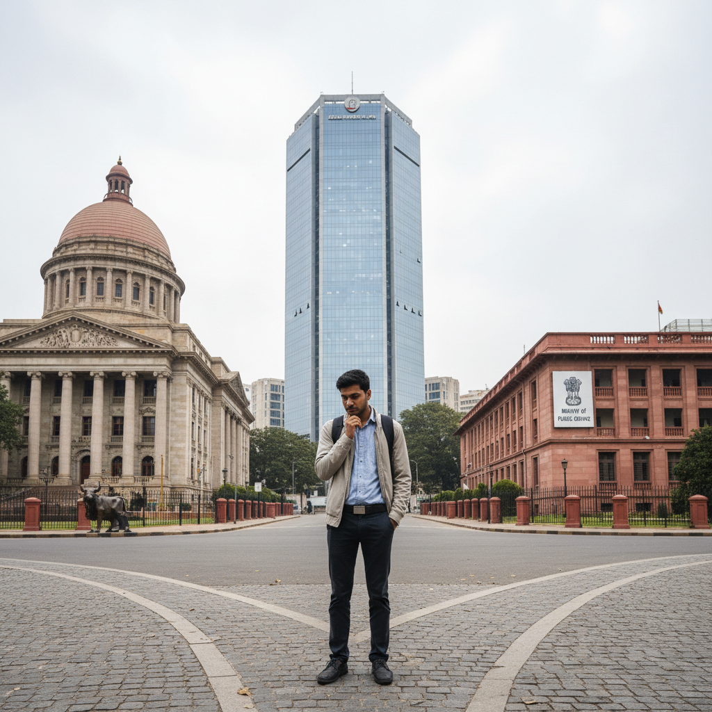 Editorial photograph of a thoughtful young Indian student standing at a crossroads. One path leads to a building reminis