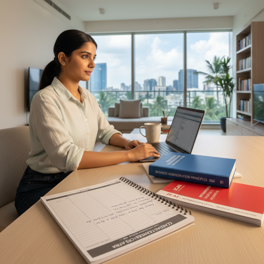 Editorial photograph of a young Indian commerce student at a desk in a modern Mumbai apartment. The desk has a BBA textb