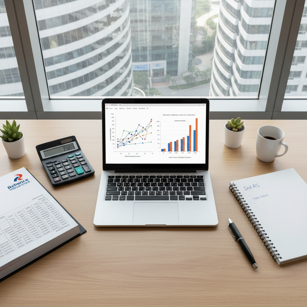 An overhead shot of an accountant's desk in a modern Mumbai office (like BKC). On the desk: a laptop showing financial c