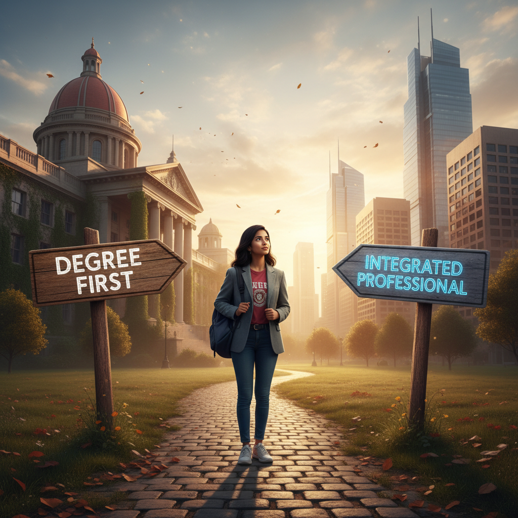 An Indian student stands at a fork in a path; one sign points to 'Degree First', the other to 'Integrated Professional'.