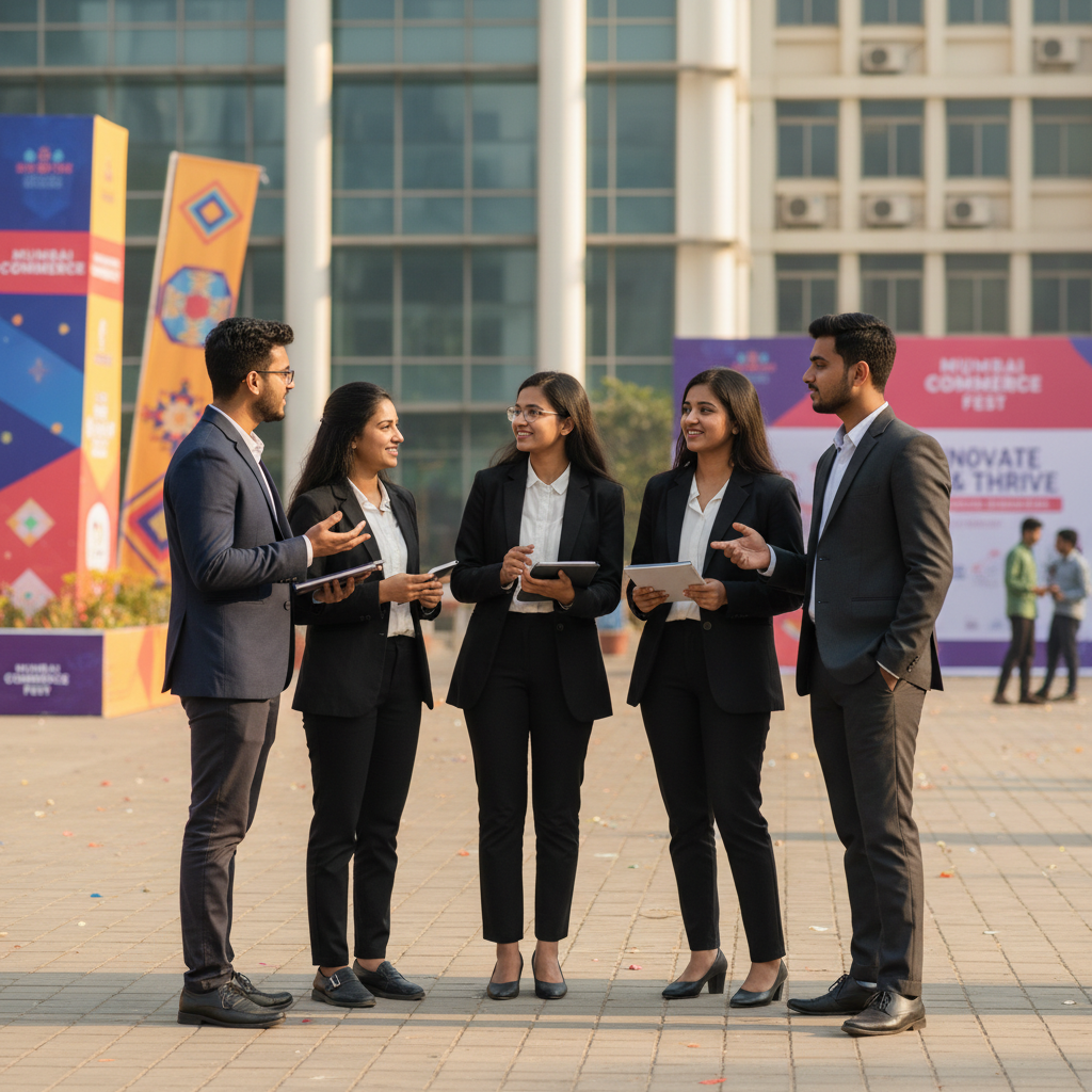 Editorial photography: A dynamic, well-dressed group of young commerce students in Mumbai, mid-conversation in a brightl