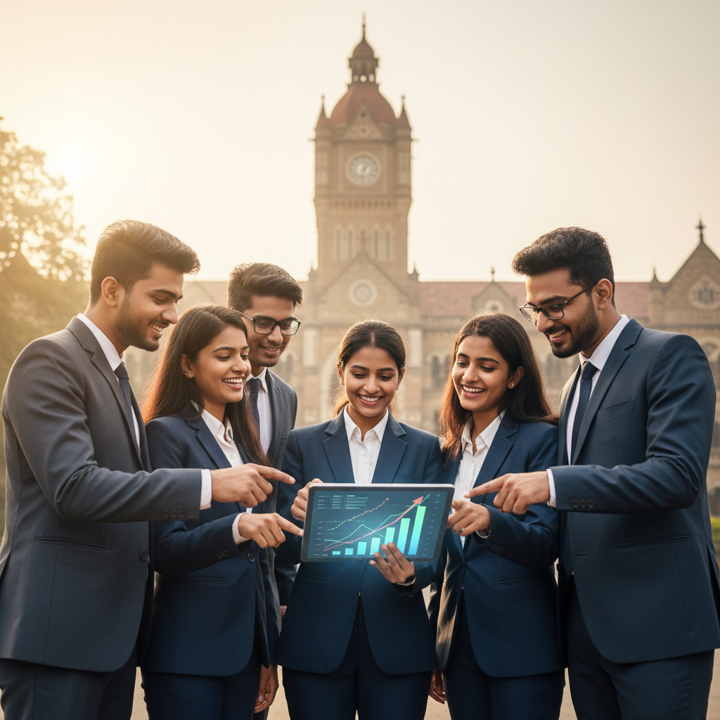 editorial photography, bright and optimistic shot of a diverse group of young Indian university students looking at a di
