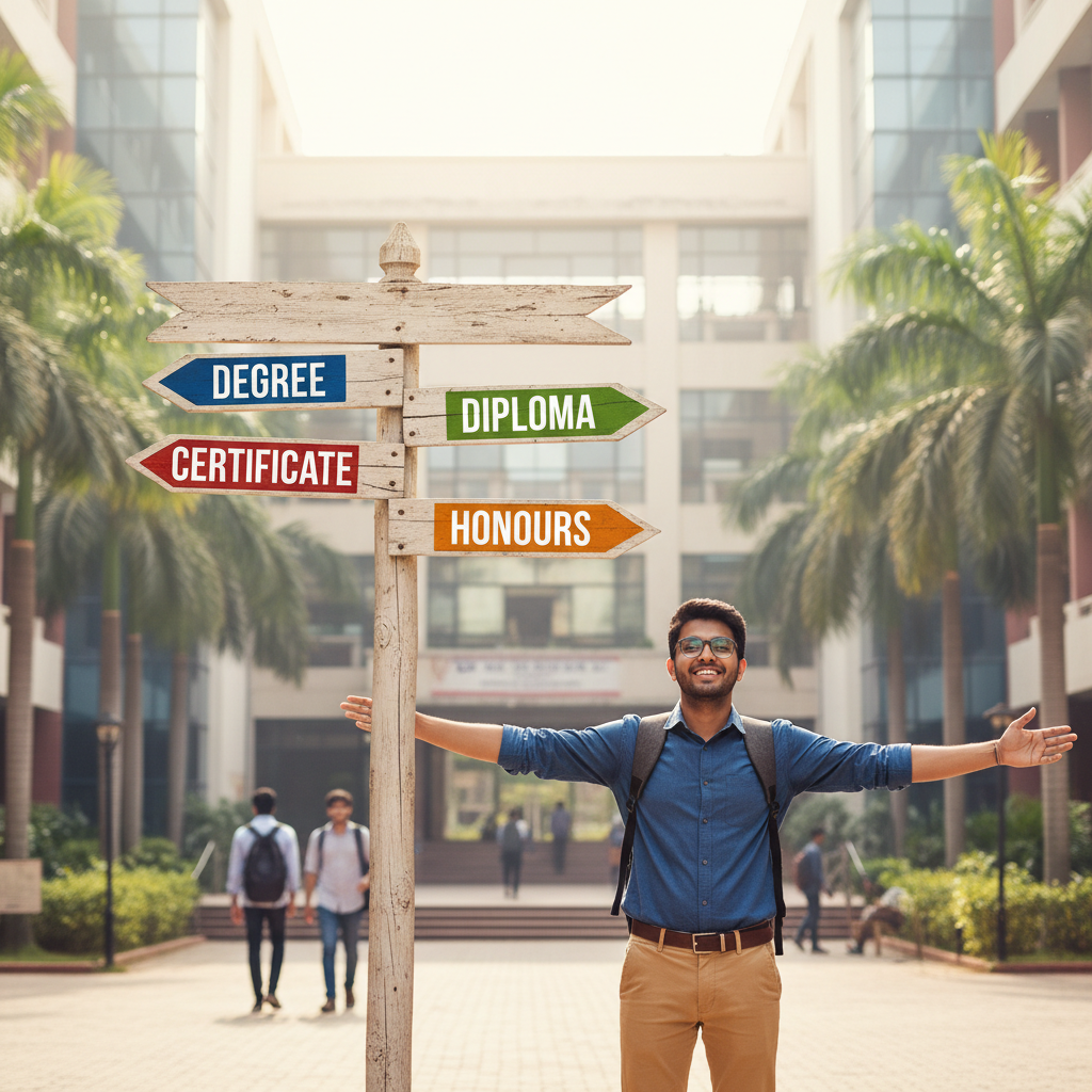 An optimistic Indian commerce student stands at a crossroads signpost in a modern, sunlit university campus in Mumbai. T