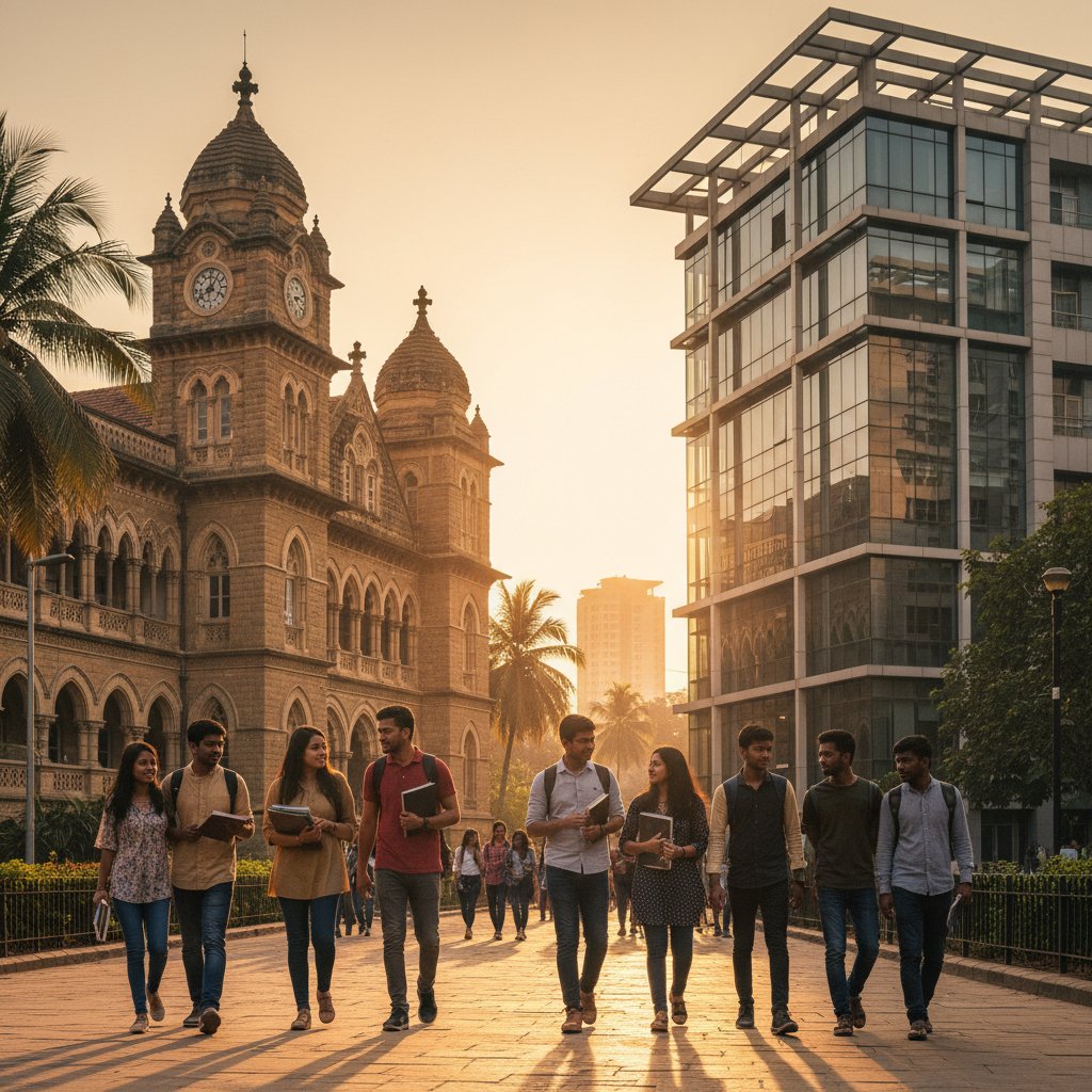 Editorial photograph of two contrasting college buildings in Mumbai. One, a classic, heritage-style stone building repre