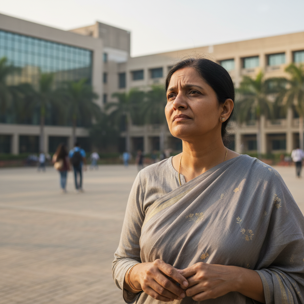 Editorial photograph from a low angle, showing a concerned but thoughtful parent (Indian, 45-55 years old) looking acros