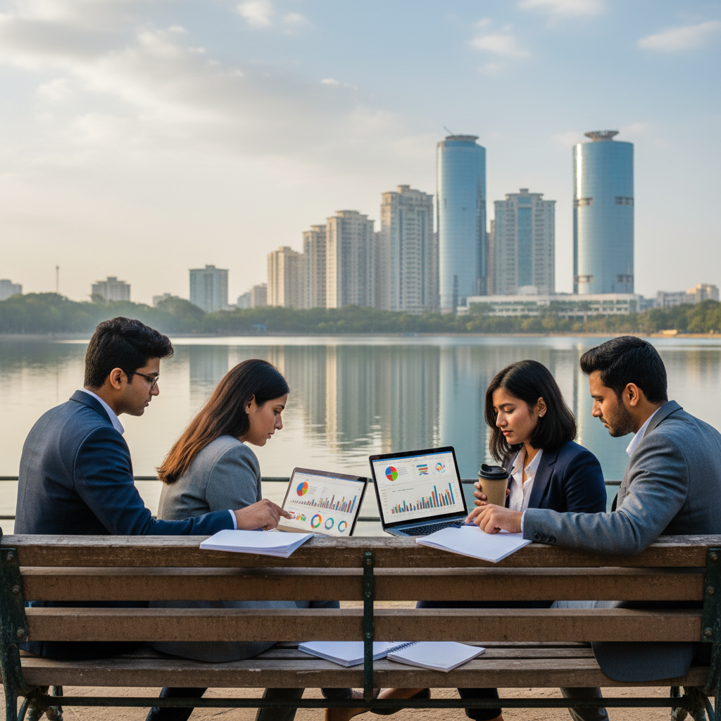 Editorial photography of a group of diverse commerce students collaborating on a bench near Powai Lake, laptops open wit