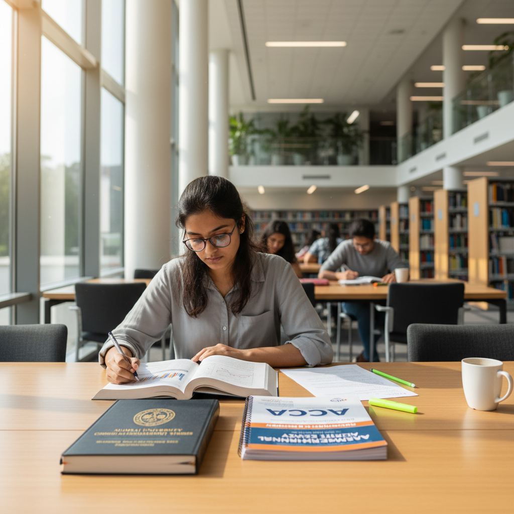 Editorial photograph of a young Indian commerce student studying in a modern, bright library. In the foreground, a Mumba