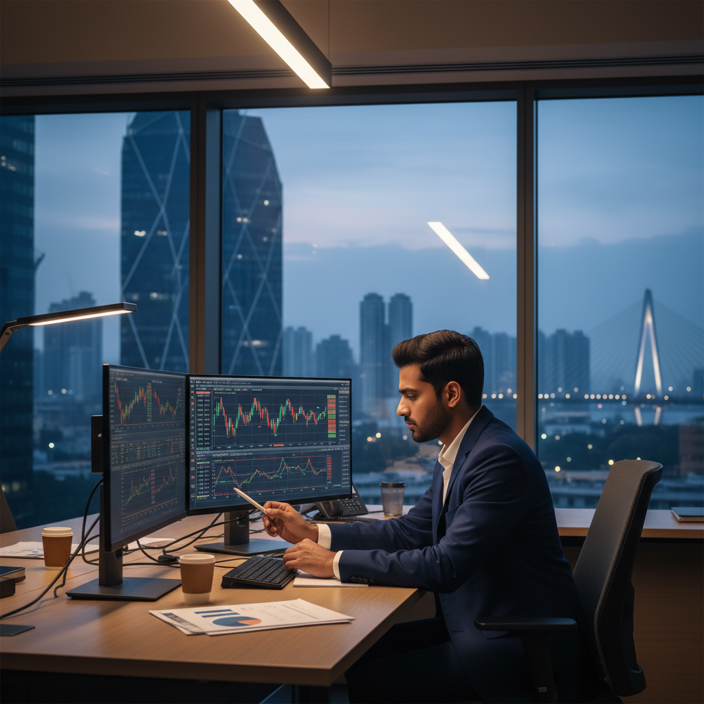 Editorial photography of a young, smart Indian professional in a modern Mumbai office (BKC skyline in the background), i