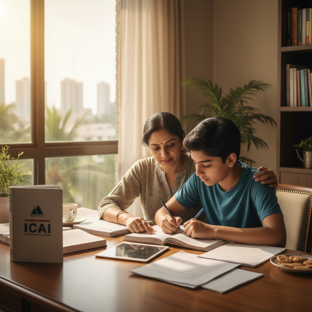 Editorial photograph of a thoughtful Indian parent and their teenage child sitting at a desk in a well-lit Mumbai home, 