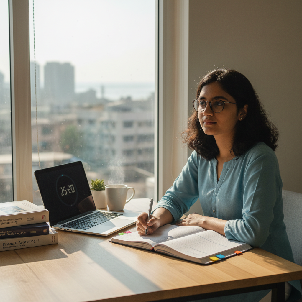 An Indian commerce student at a desk in a well-lit room, with a physical planner, a laptop showing a timer, and textbook