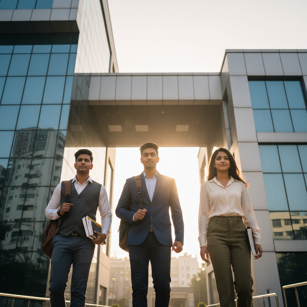 Editorial photograph from a low angle looking up at a diverse group of three young Indian students (2 male, 1 female) wa